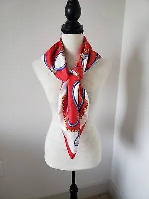 AUTH MUST De CARTIER FRANCE CLASSIC 100% SILK SCARF RED/WHITE GOLD CHAIN / LOGO • $85
