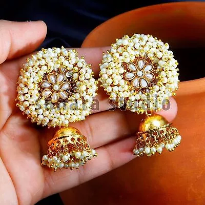 Indian Pakistani Gold Plated Pearl Big Jhumki Jhumka Costume Earrings For Women • $26.91