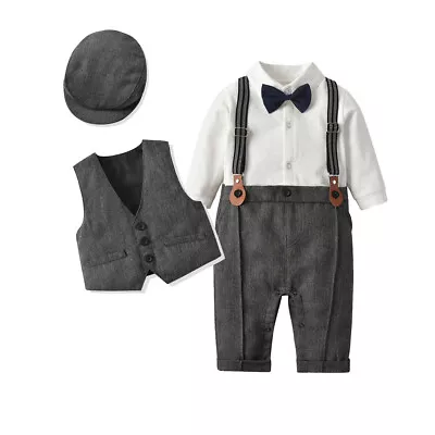 3PCS Baby Boys Gentleman Outfit Bowtie Jumpsuit Vest Hat Wedding Formal Suit Set • £14.79