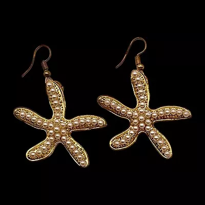 Starfish Star Faux Seed Pearl Pierced Earrings Gold Tone Beach Sea Life • $7.99