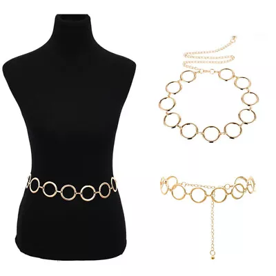 Fashion Womens Full Circle Metal Wide Chain Belt Waist Dress Adjusted Waistb --❤ • $4.29