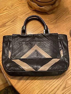 L.A.M.B Gwen Stefani Black Leather Handbag Purse Tote Stripes Houndstooth Lining • $49.99