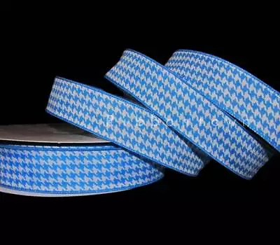 5 Yards Bright Blue White Herringbone Houndstooth Print Wired Ribbon 1 1/2 W • $4.95