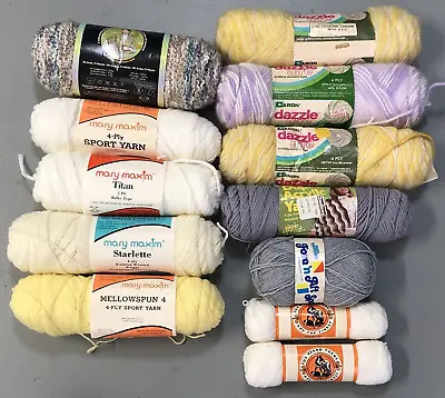 Yarn Lot Lion Mary Maxim Caron Dazzle Mixed 12 Skeins White Yellow Gray • $18.97