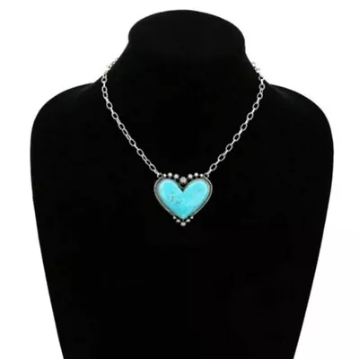 Women Retro Silver Plated Necklace For Women Green Turquoise Heart Necklace • $8.79
