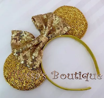 NEW Minnie Mouse Headband Sparkly Yellow Gold Ears Big Sequin Bow Adult Kid Cute • $9.95