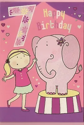 7th Happy Birthday Greeting Card Girl's 7 Years Old Seventh Elephant Traditional • £2.35