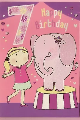 7th Happy Birthday Greeting Card Girl's 7 Years Old Seventh Elephant Traditional • £2.35