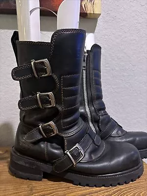 VTG GBX 557052 Black Leather Buckle Side Zip Moto Biker Boots Men’s Size 13 • $100