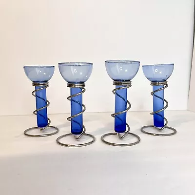 Rare Set Of 4 Wrought Iron Spiral Floating Cobalt Blue Glass Candle Holder/Vase • $129.99