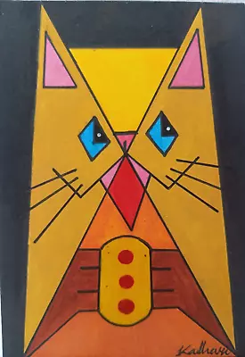 ACEO Modern Art Geometric Cat Kitty Acrylic Painting Art Card Hand Paint • $4.99