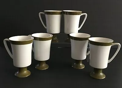 Retro Mod 1970's Japan Pedestal Coffee Cups Olive Green And White Set Of 6 • $19