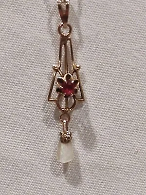 Antique Victorian 10k Gold Lavalier Pendant Necklace W/ Ruby & Mississippi Pearl • $165