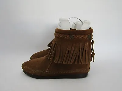 Minnetonka Womens Size 5 M Brown Suede Fringe Zip Ankle Moccasins Bootie • $24.69