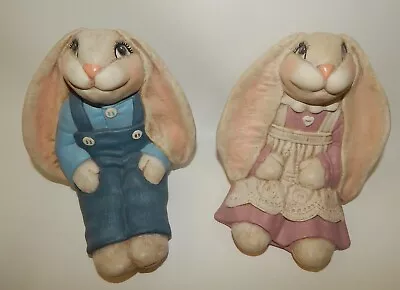 Vintage Ceramic Hand Painted Lop Ear Rabbits Country Farmer Couple • $15.99