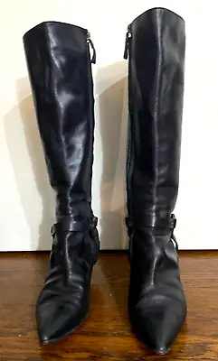 MOSCHINO Vintage Black Leather Kitten Heel Boots With Metal Heart Trim Size 37 • $125