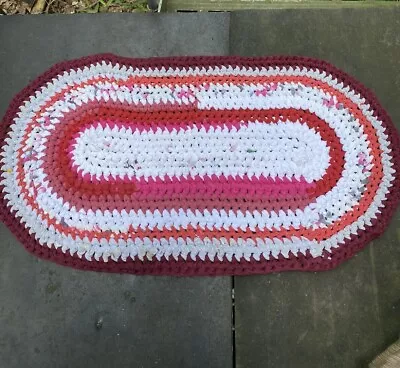 Crocheted Rag Rug Shabby Boho Vintage Decor Shades Of Pink And Whites 20”x37” • $10