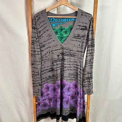 Desigual Dress Womens Large Grey Long Sleeve V-Neck Floral Script Print  A-Line • $34.45