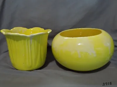 Ceramic Planter Set Judy Of Calif & Frank Moreno Calif USA YLW/WHT Drip Glazing • $30.95