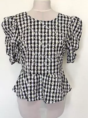 QED London Lace Up Back Top Blouse Checked Ruffle Sleeves Preloved Size - UK 12 • £8.95