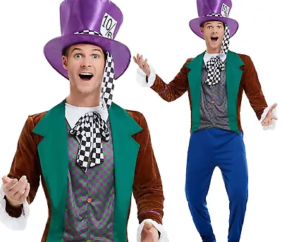 Adult Mens Mad Hatter Costume Alice Tea Party Fairytale Fancy Dress Outfit • £31.99