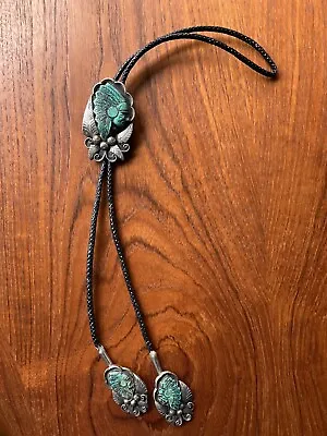 Vintage Native American Indian Chief Carved Turquoise And Silver Bolo Signed • $275