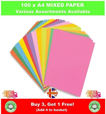 £5.99 • Buy 100 X MIXED COLOURED A4 PAPER SHEETS 80GSM PRINTER COPIER CRAFT OFFICE SCHOOL