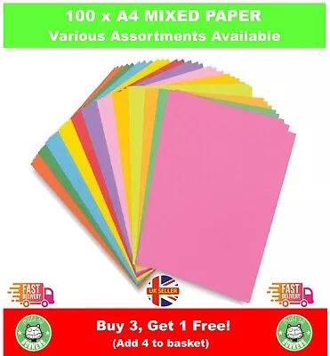 100 X MIXED COLOURED A4 PAPER SHEETS 80GSM PRINTER COPIER CRAFT OFFICE SCHOOL • £3.99