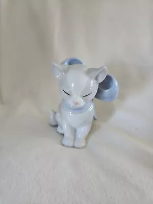 Nao By Lladro Sitting Kitten Big Blue Bow Cat  Figurine • $45