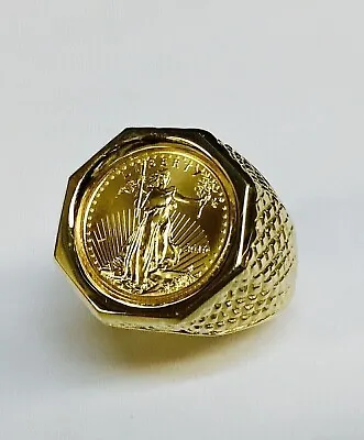 Solid 14K Yellow Gold Plated Men's 20 Mm Coin American Eagle Vintage Ring • $117.59