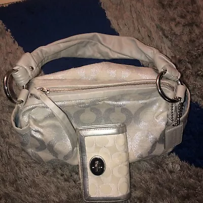 Coach L0869 Parker Op Art Silver Metallic/ Beige Canvas Hobo Zip Shoulder Bag • £48.21