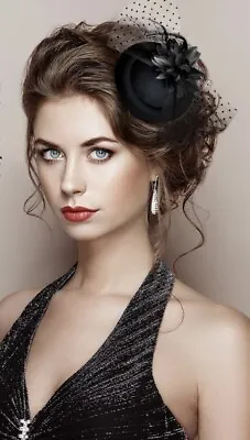 Black Feather Flower Mesh Fascinator Mini Hat Hair Clip Wedding Tea  Party • $12.95