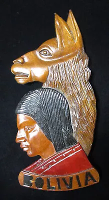 Vintage Andean FOLK ART Hand Carved Wood Wall Art Plaque MAN & LLAMA BOLIVIA • $44