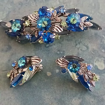 Vintage 60s Blue Green Rhinestone Brooch Pin Clip Earrings Set • $6.50