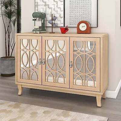 Retro Storage Cabinet With 3 Mirrored Doors Mirrored Sideboard Buffet Cabinet • $319.99