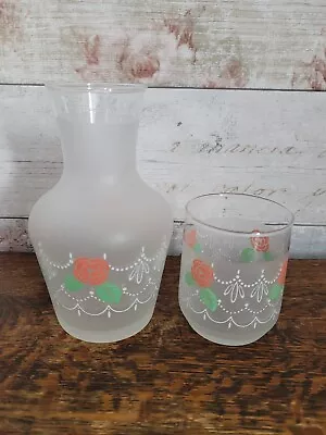 Vintage Hand Painted Glass Bedside Water Carafe & Tumbler Roses Flowers • £15