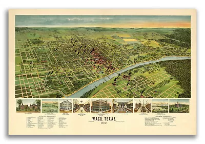 Bird's Eye View 1892 Waco Texas Vintage Style City Map - 24x36 • $24.95