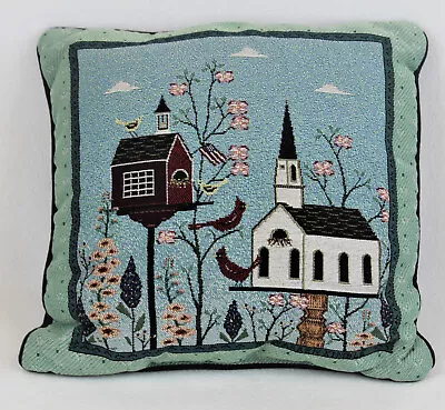 Warren Kimble Tapestry Throw Pillow Church Birdhouses Red Cardinals  14 X 16 • $11.35