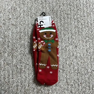 Foot Traffic NWT Christmas Slipper Socks Womens 4-10 Gingerbread Man Red No Slip • $14.36
