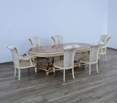 7 PC FORMAL DINING SET European FURNITURE EXTENTION LEAF TABLE CHAIRS GOLD Accen • $24795.89