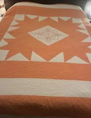 Vintage Quilt Embroidered 72x88 Hand Quilted Peach Off White • $130