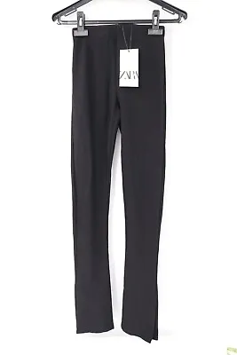 NWT Zara Leggings Womens XS Black Ottoman Split Hem Mid Rise Ribbed Elastic • $15.96