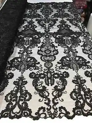 Damask Lace Fabric - Black - Embroidered Fancy Damask Design On Mesh Lace Yard • $34.99