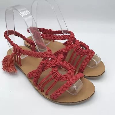 Ecote Women’s Sz 6 Braided Tassel Strappy Sandals Coral Orange Boho Urban Outfit • $14.99