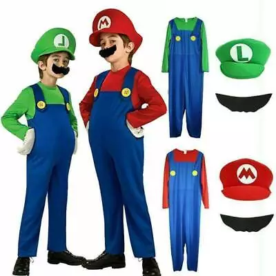 Kids Boys Girls Super Mario Luigi Plumber Bros Fancy Dress Party Outfits Costume • £8.99