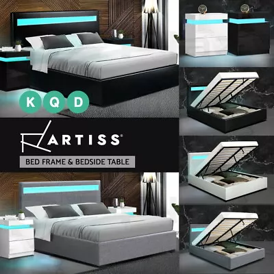 Artiss Bed Frame Bedside Tables Queen Double Size RGB LED Gas Lift Base Storage • $75.95