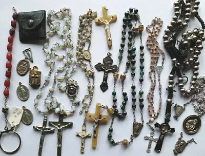 Vtg Rosary Lot Repair Parts Cattle Horn Glass Metal Beads Saints Medals Crucifix • $24.50