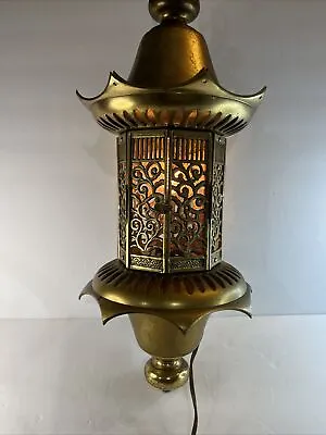 MCM Japanese Pagoda Solid Brass Octagonal Shape Hanging Swag Lamp Vintage • $422.50