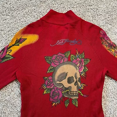 VTG Ed Hardy Sweater Christian Audigier Womens Large Full Zip Mock Neck Red Y2K • £57.83