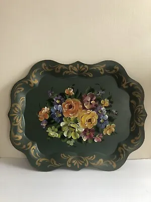 Vintage Large Tole Tray Hand Painted Floral 19”x25” Metal Tray • $64